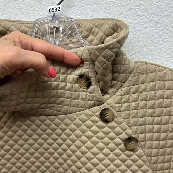 V582 Women’s 2 Way Button Up Cowl Neck or Collared Long Sleeve Sz M Tan Pullover - Picture 5 of 15